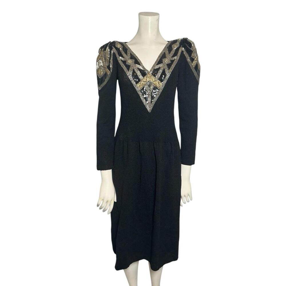 Vintage Pat Sandler Black Beaded Art Deco V Neck Long Sleeve Knit Dress SMALL
